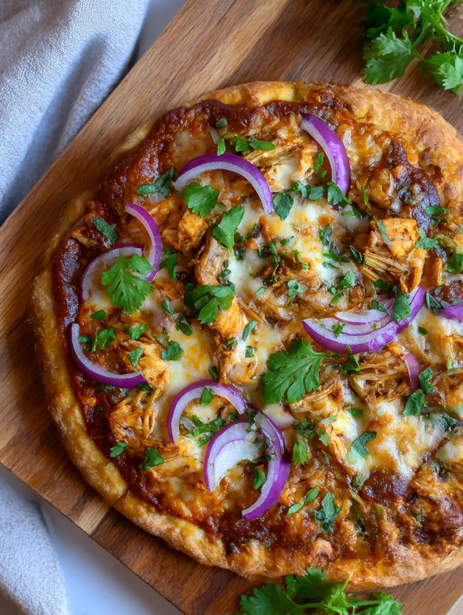 A BBQ chicken flatbread pizza with purple onions and green herbs.