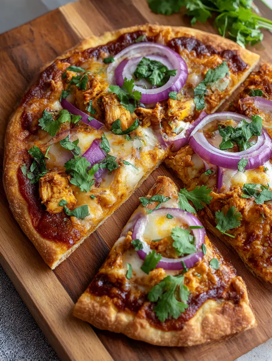 A BBQ chicken flatbread pizza with onions and cheese.