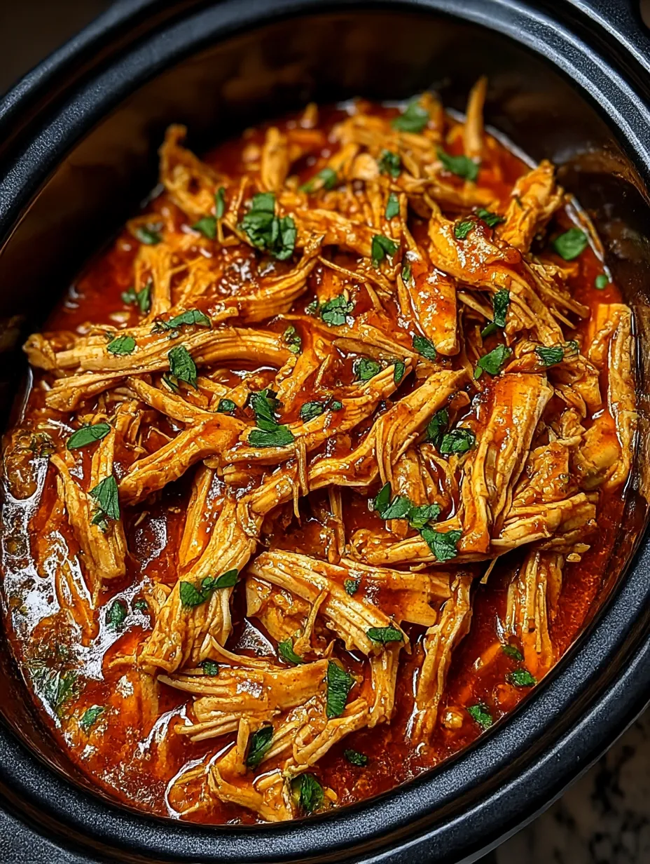 Pulled chicken in a crock pot.