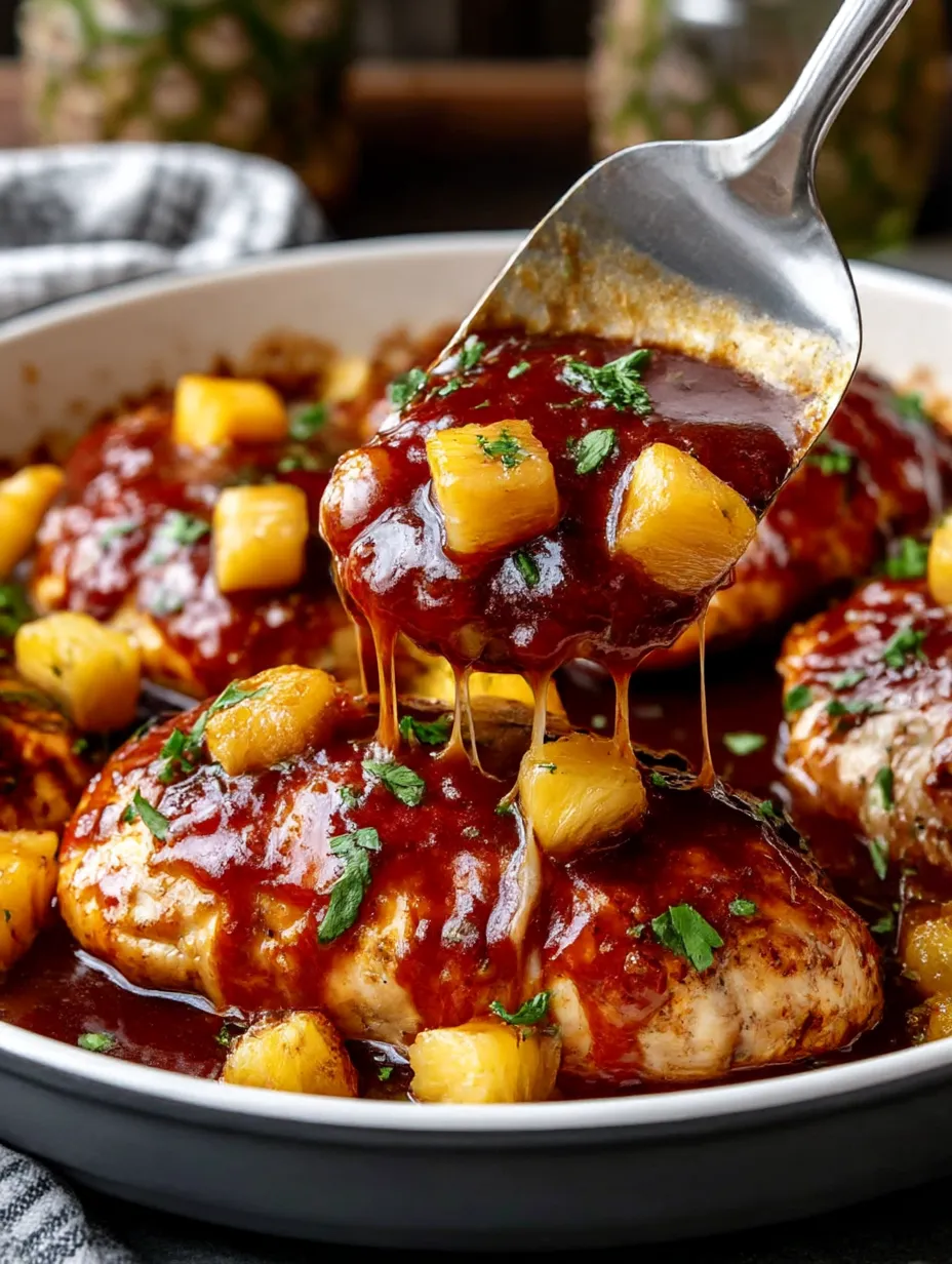 A close up of a plate of pineapple barbecue chicken.