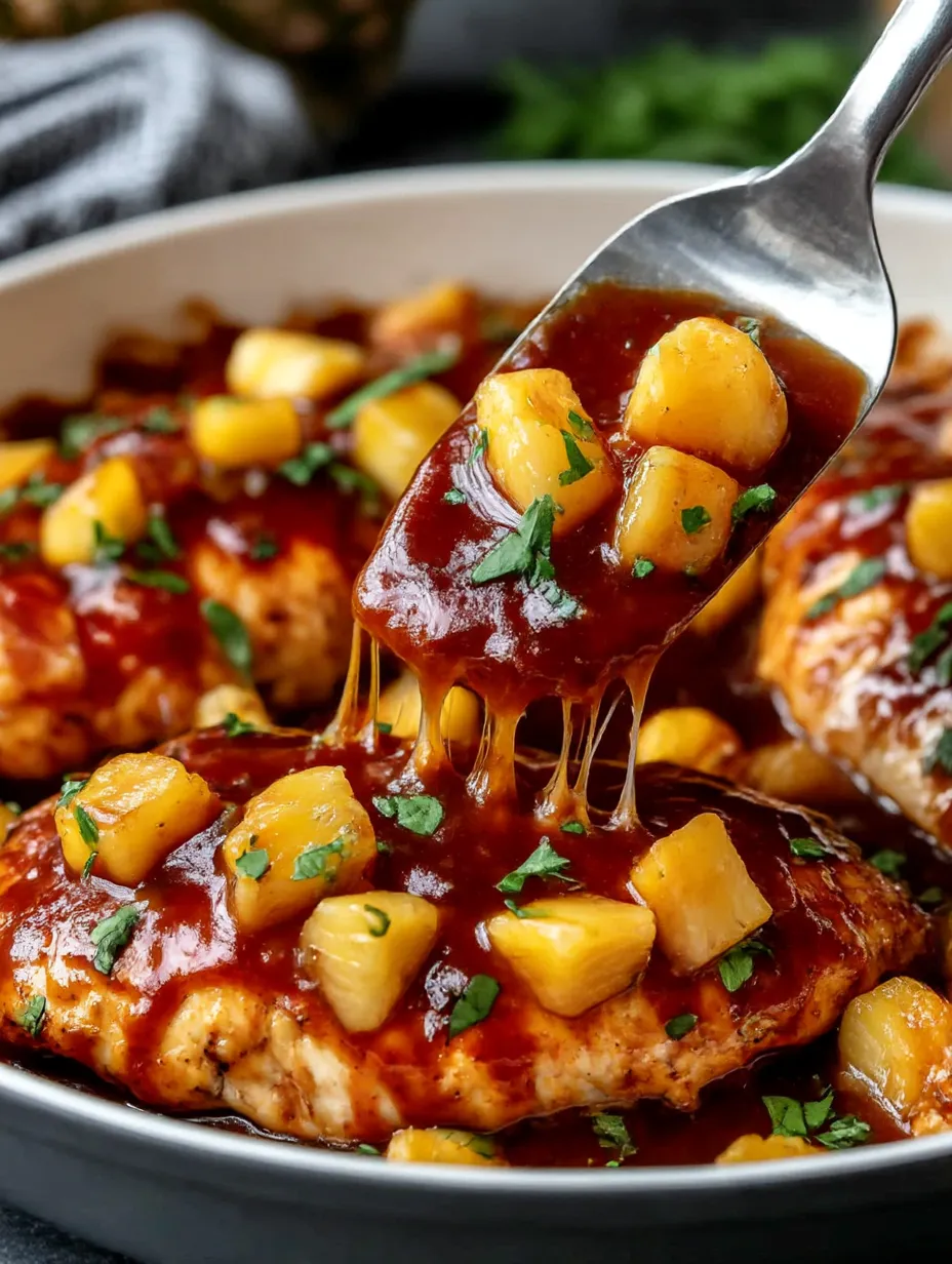 A spoon is in a bowl of pineapple barbecue chicken.