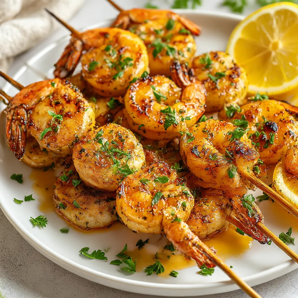Grilled shrimp skewers with lemon wedges.