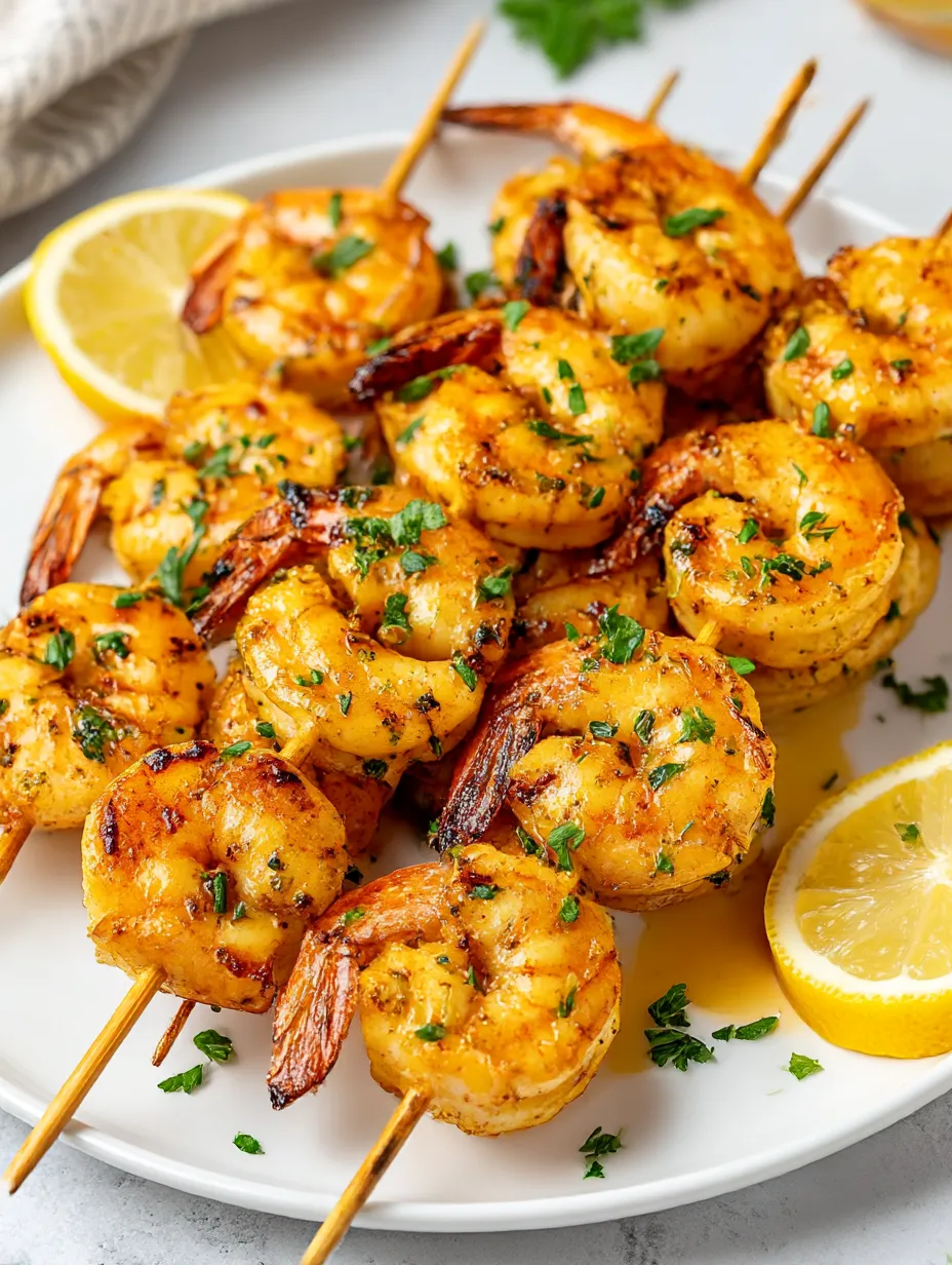 Grilled shrimp skewers with lemon wedges.