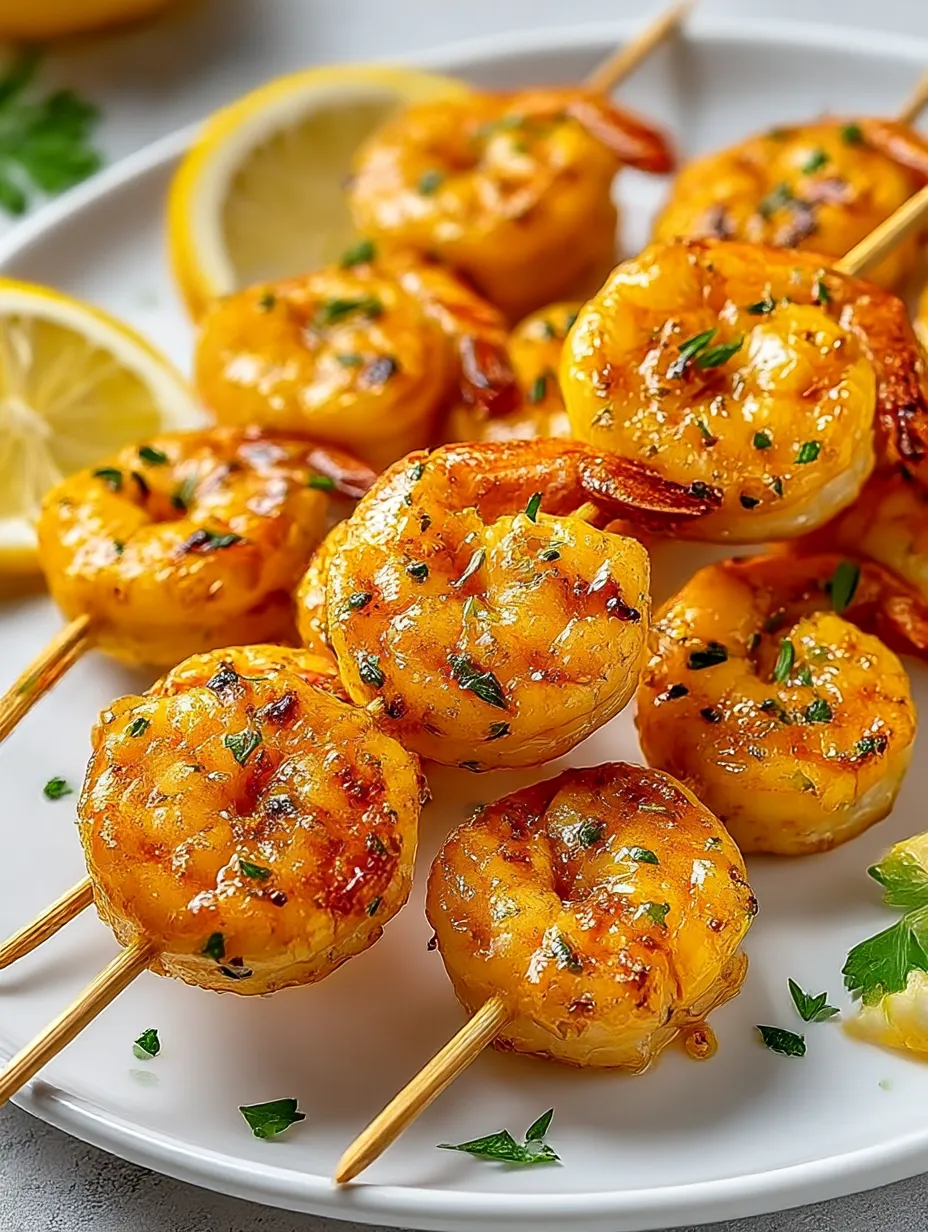 Grilled shrimp skewers with lemon wedges.
