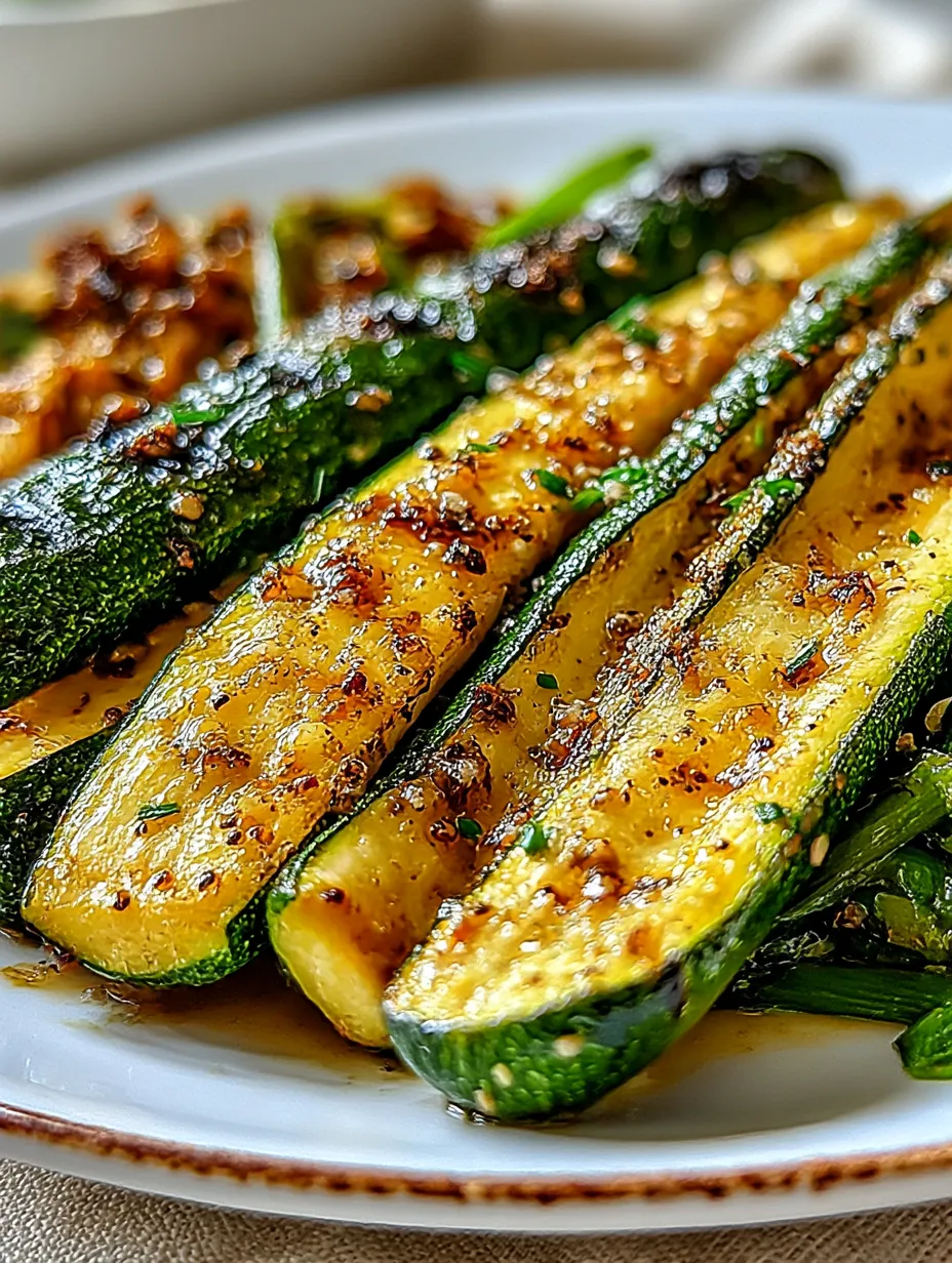 A plate of grilled zucchini with seasoning.