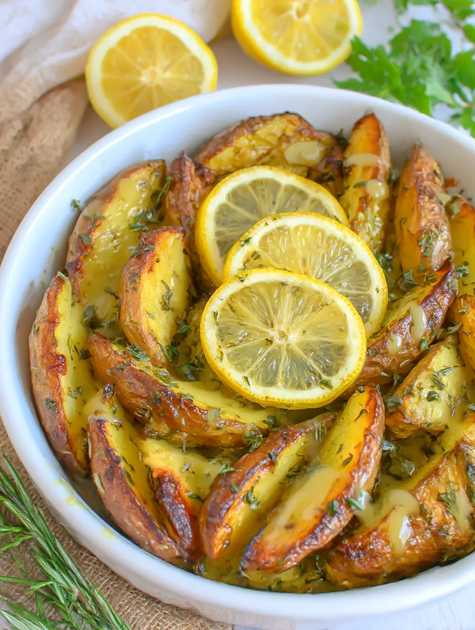 A white bowl filled with potatoes and lemon wedges.