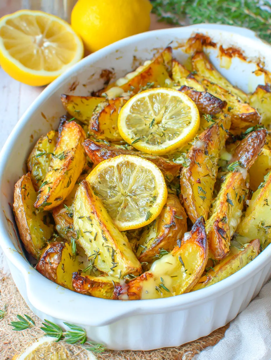A white bowl filled with lemon potatoes.