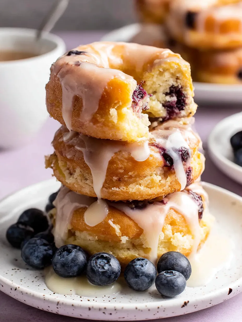 A stack of three donuts with blueberries on top.