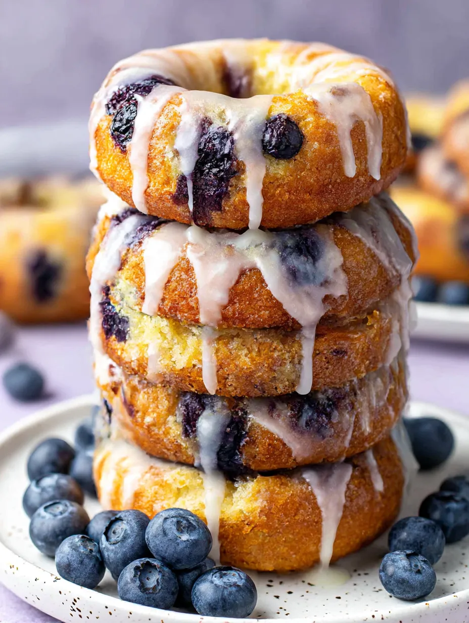 A stack of blueberry donuts with glaze drizzled on top.