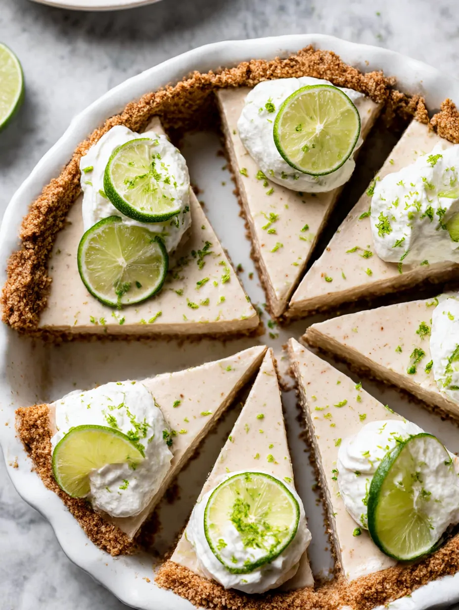 A slice of pie with a green lime wedge on top.
