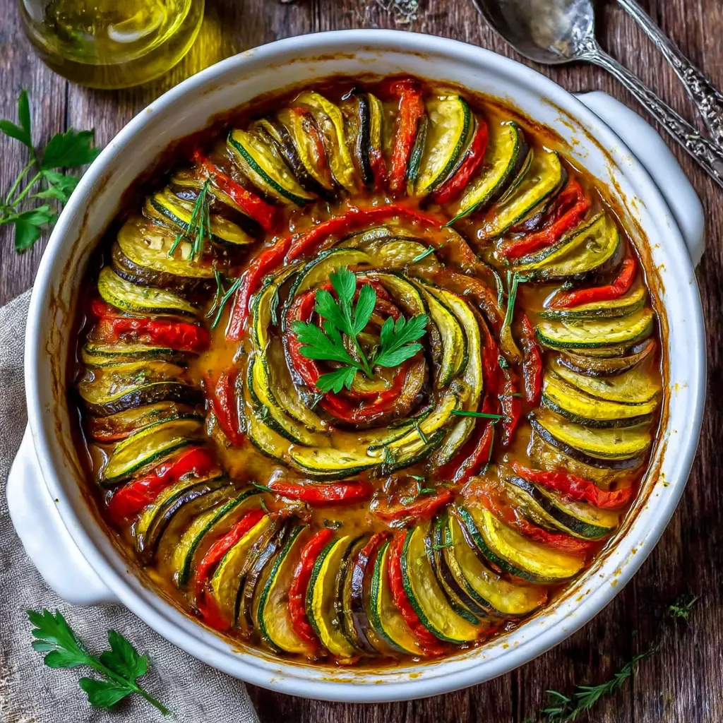 A bowl of Ratatouille with a spoon in it.