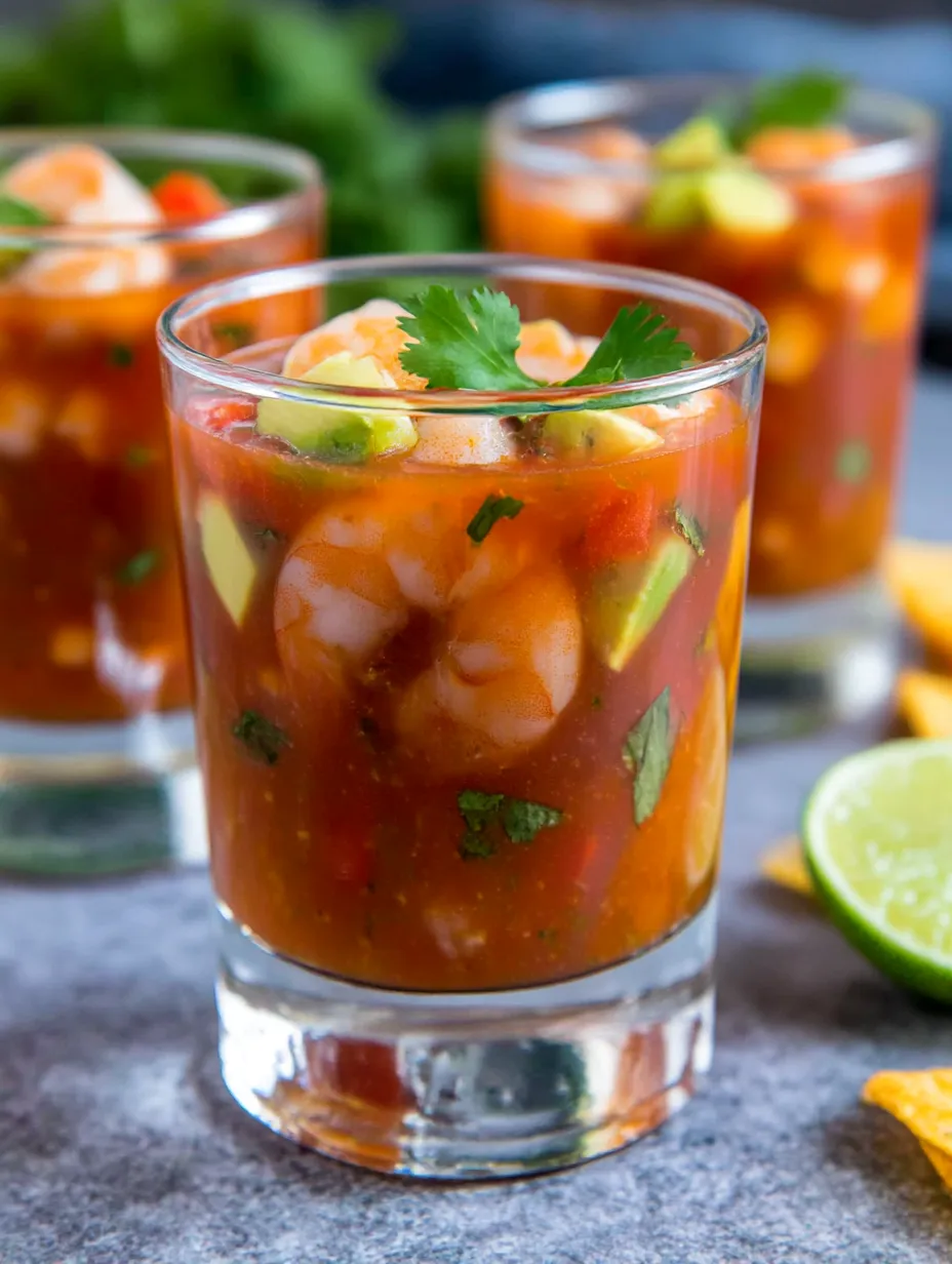 A glass of shrimp cocktail with a green garnish.