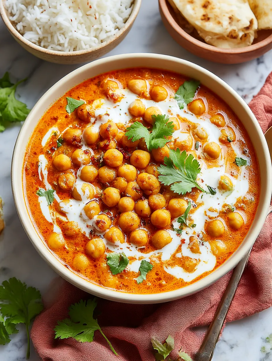 A bowl of chickpea tikka masala sits on a table.