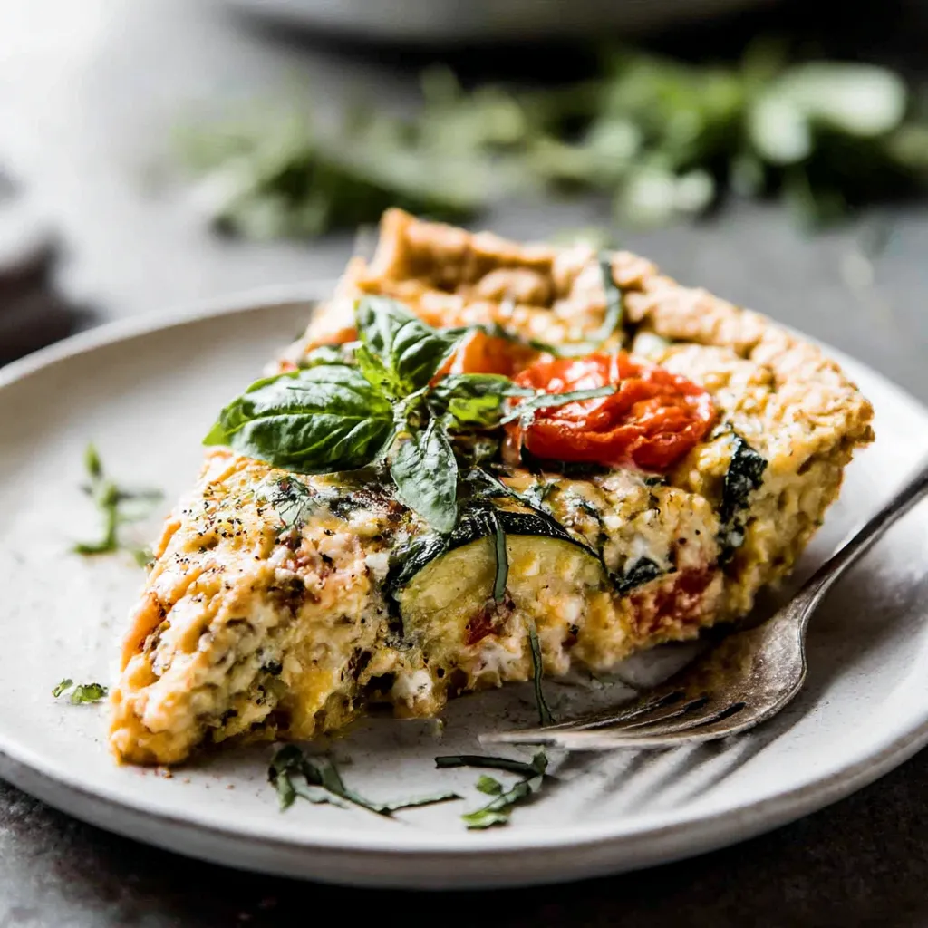 A slice of vegetable pie on a plate.