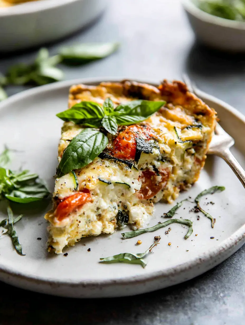 A slice of vegetable pie on a plate.