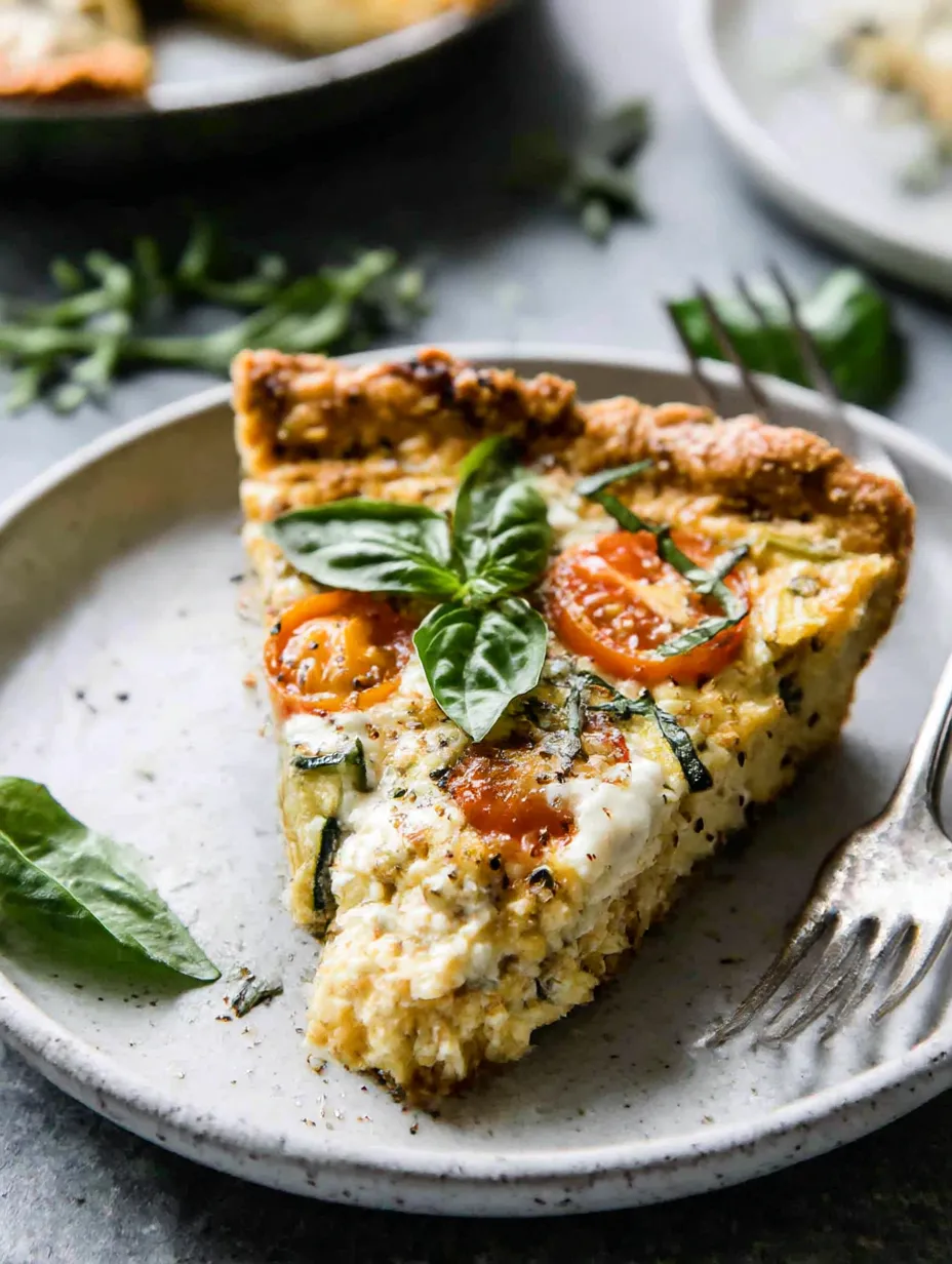 A slice of vegetable pie with tomatoes and spinach.