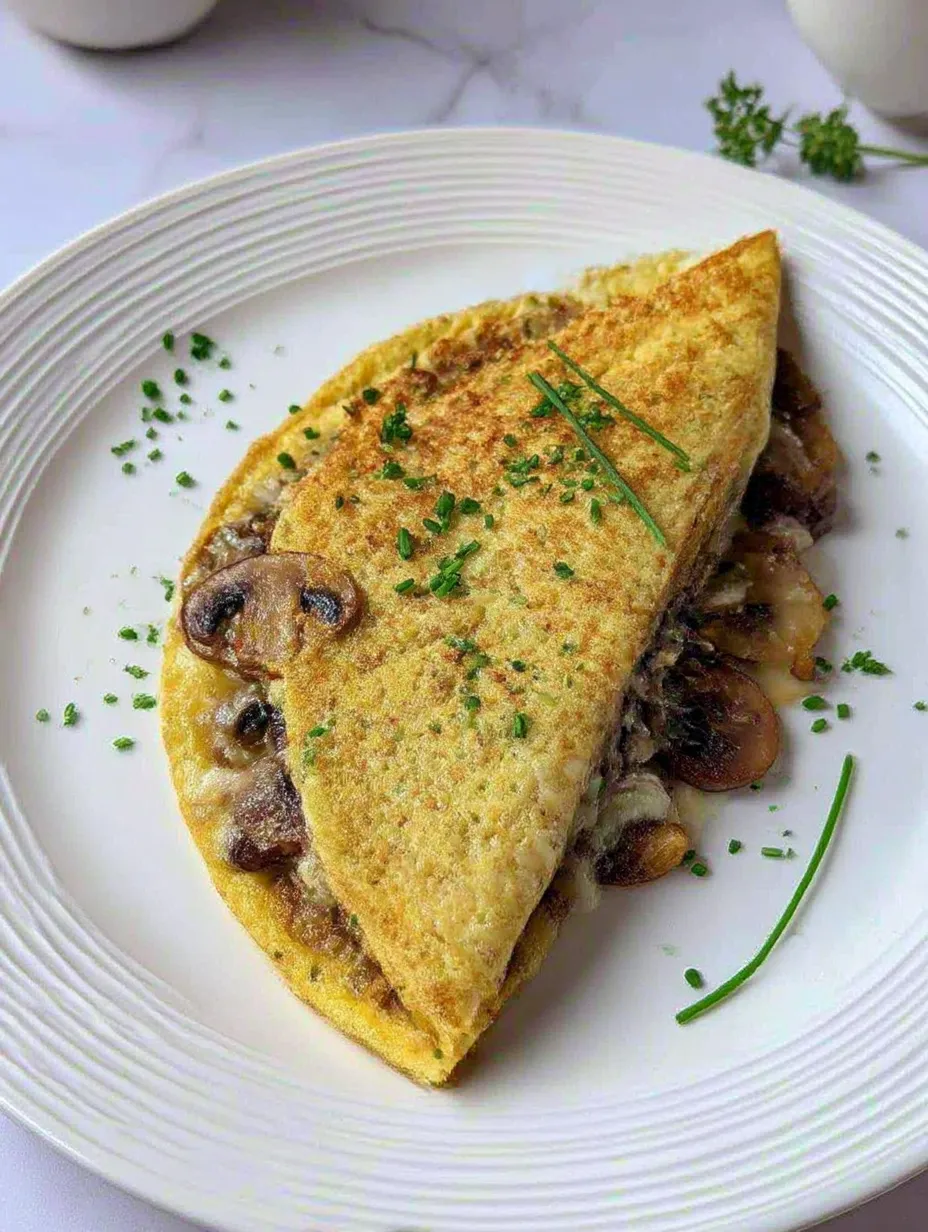 A plate of food with a mushroom omelette.