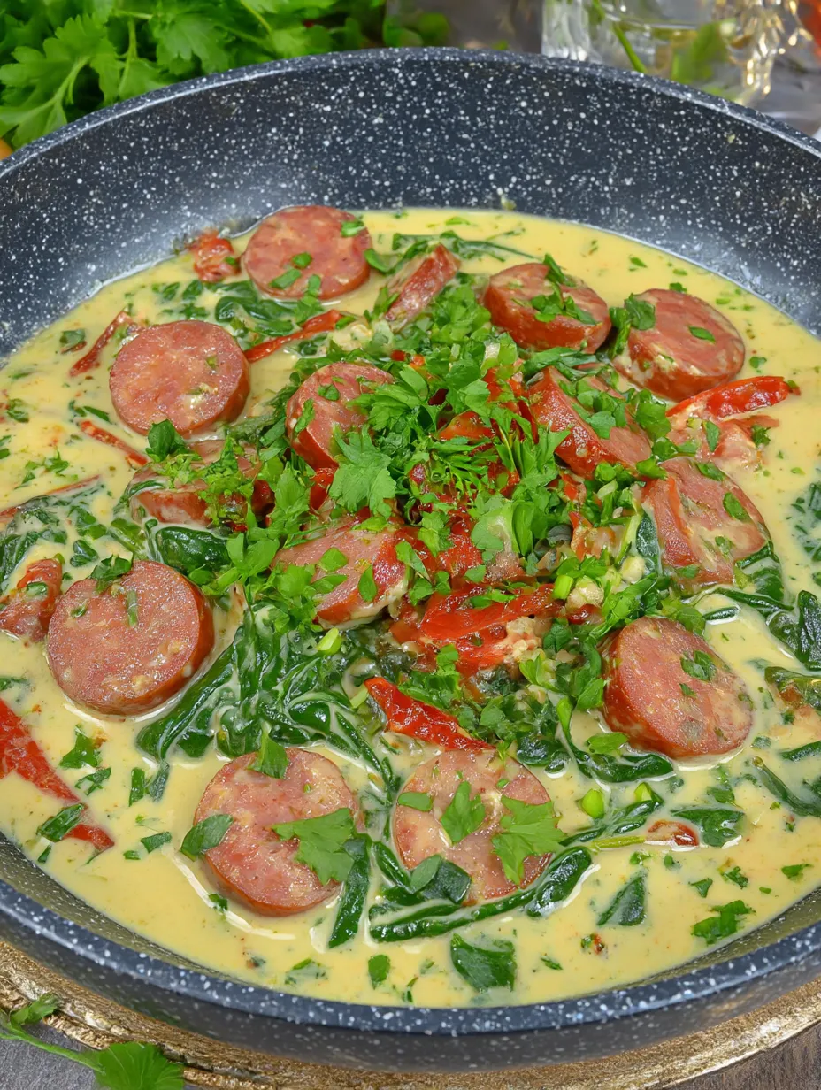 A skillet filled with sausage and greens.