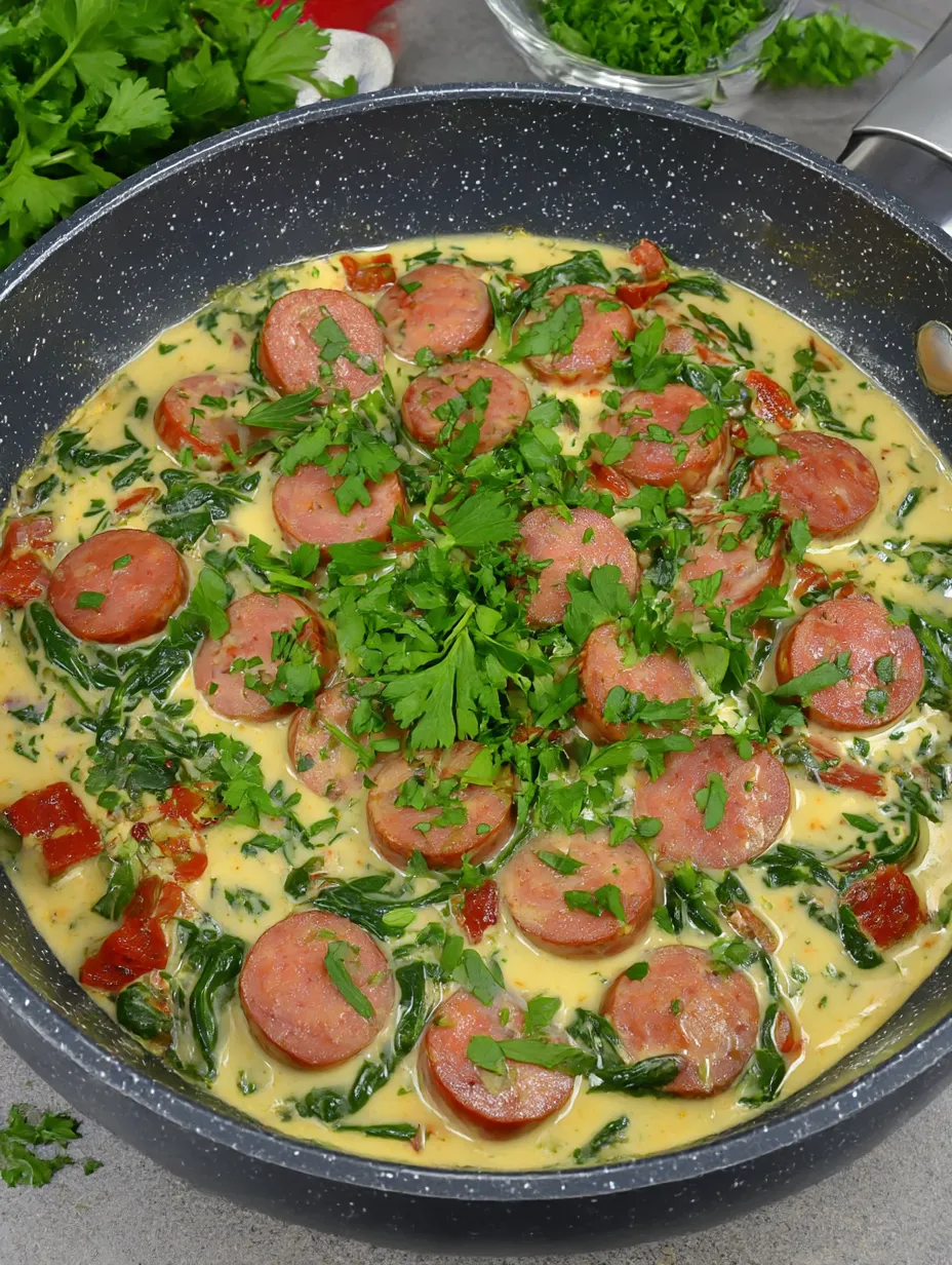 A skillet filled with sausage and greens.