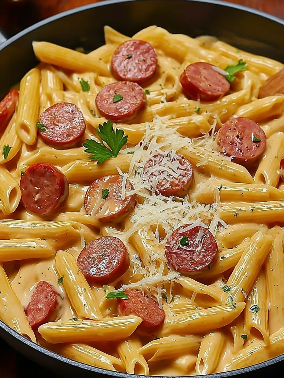A dish of pasta with sausage and cheese.