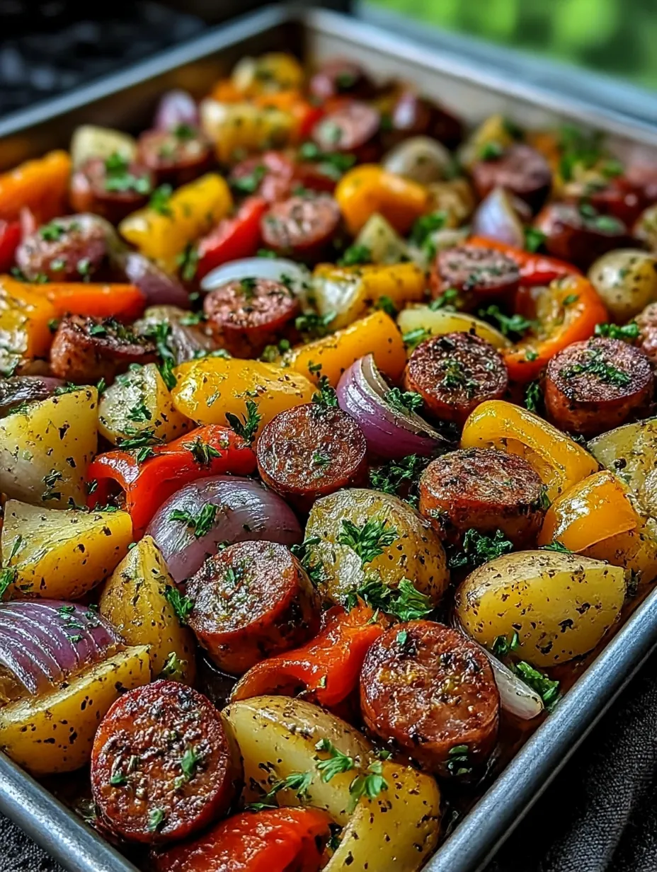 A pan of sausage and vegetables.