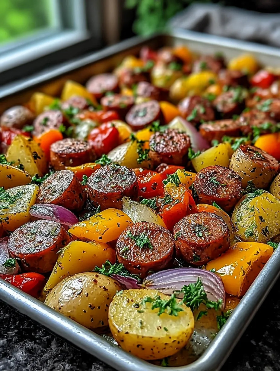 A pan of food with sausage, potatoes, and peppers.