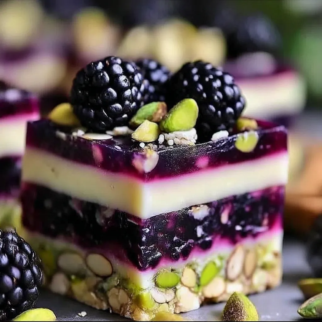 A close up of a blackberry pistachio dream bar.