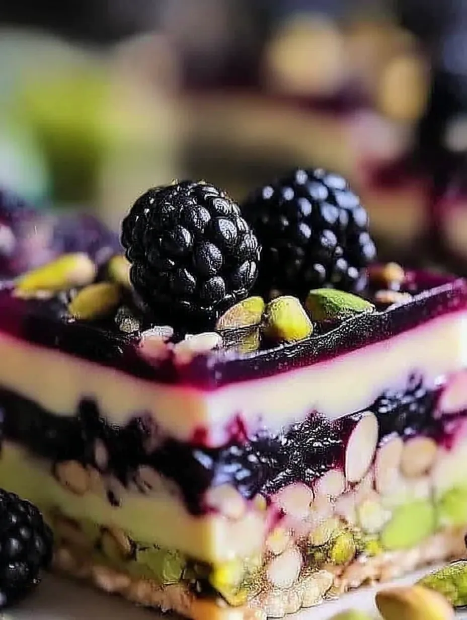 A close up of a blackberry pistachio dream bar.