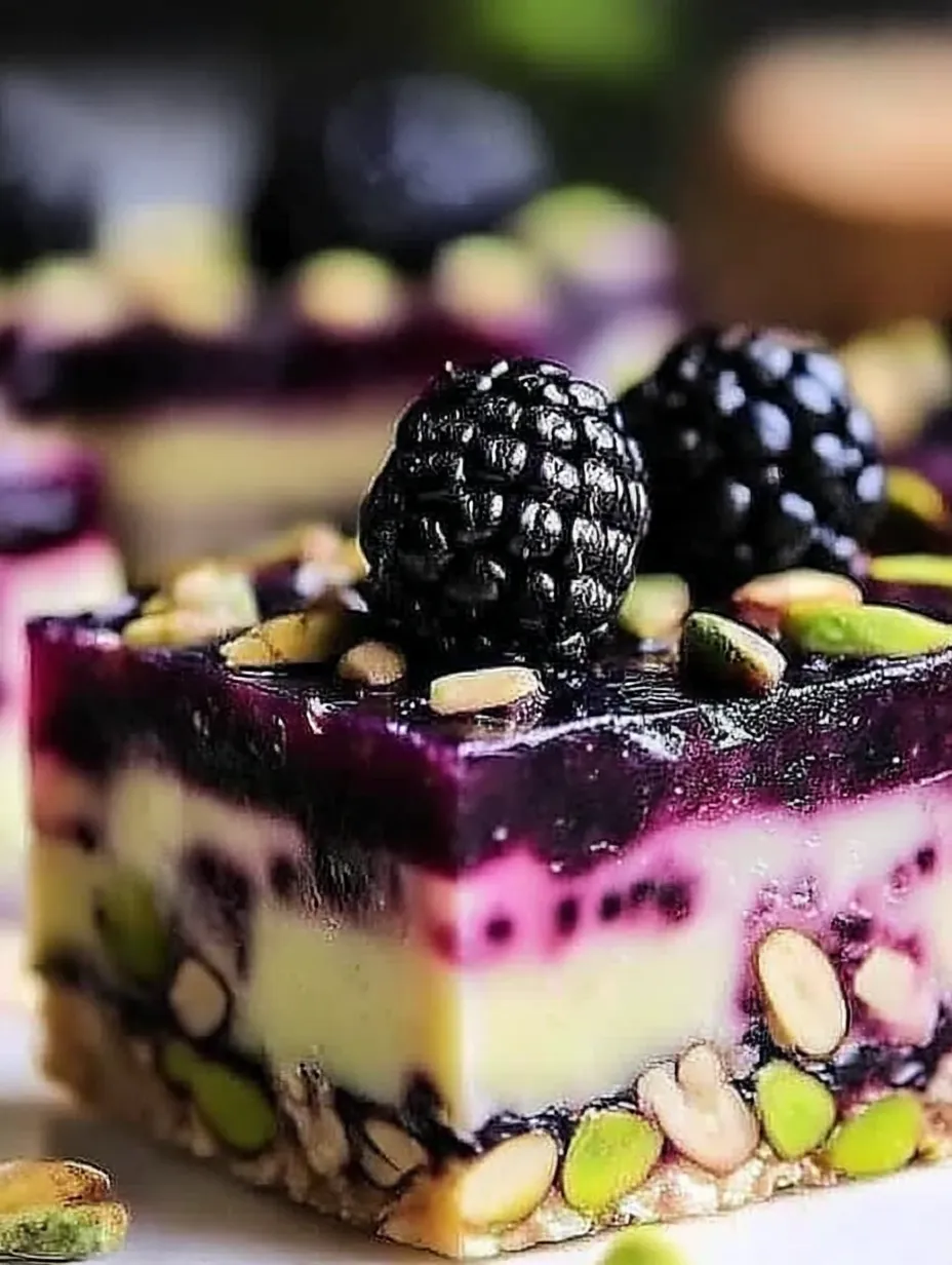 A close up of a blackberry pistachio dream bar.