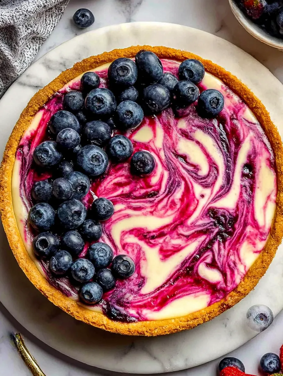 A slice of berry swirl cheesecake on a plate.