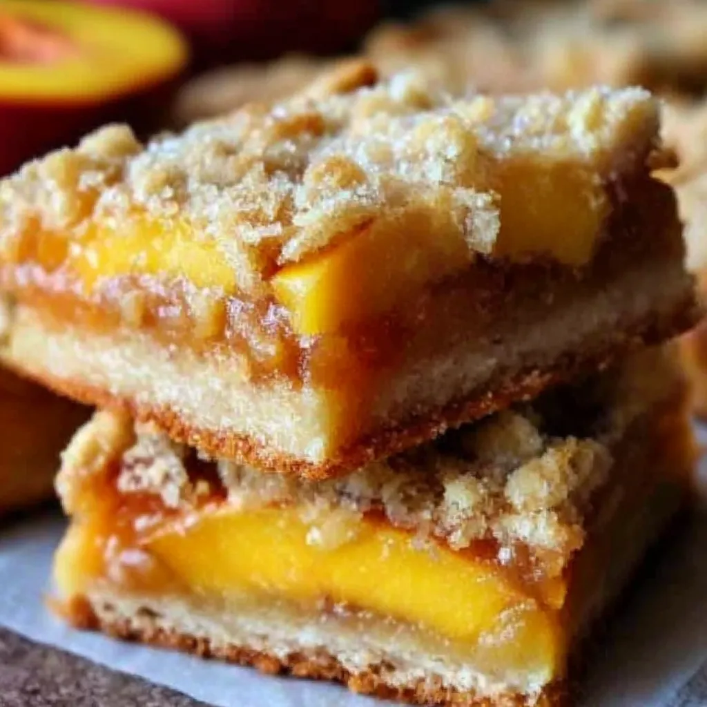 A stack of peach bars with a peach in the background.