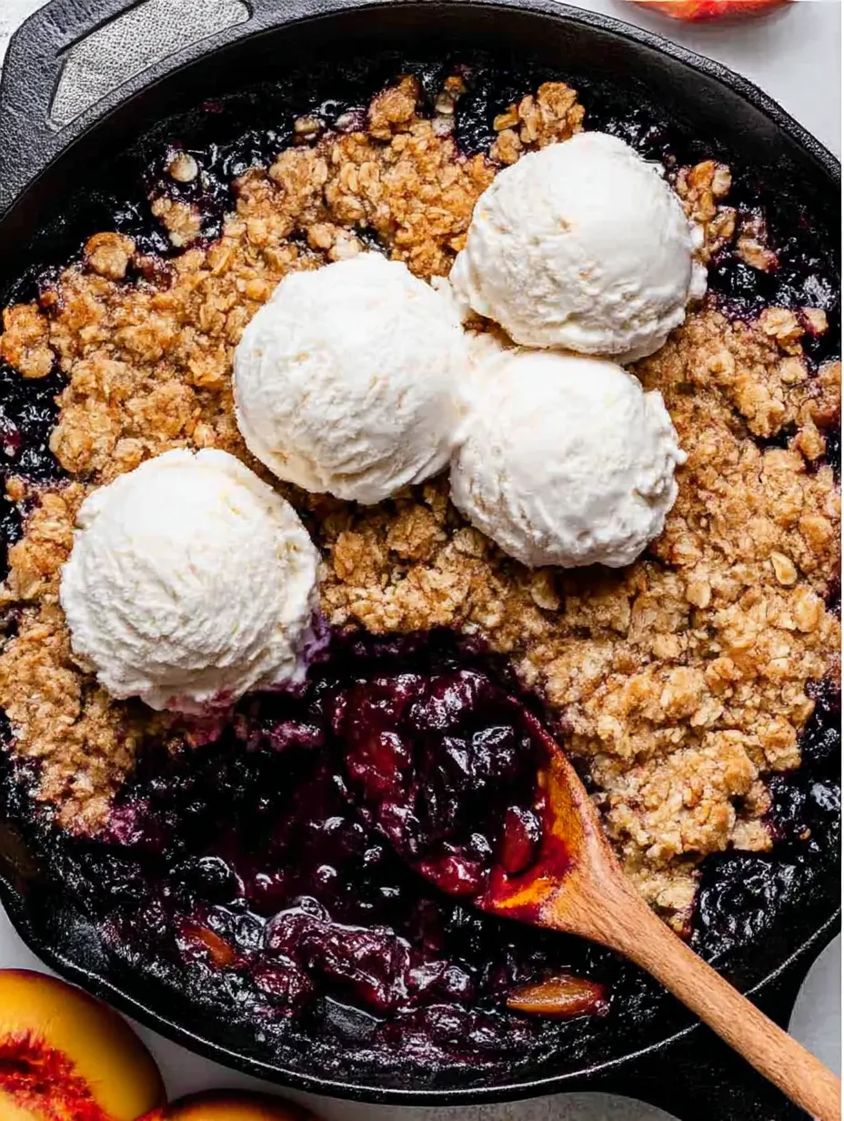 A bowl of blueberry peach crumble with ice cream on top.