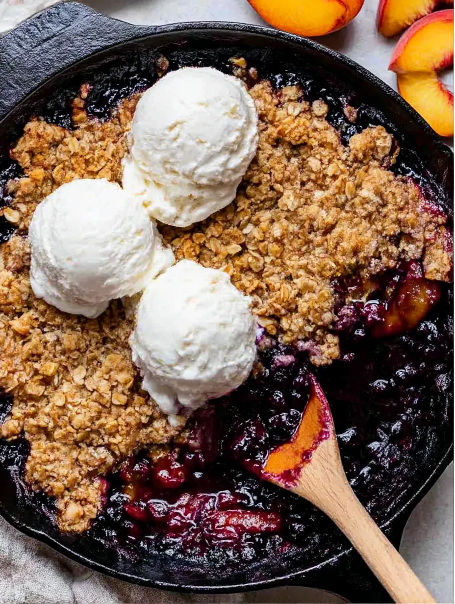 A close up of a blueberry peach crumble dessert.