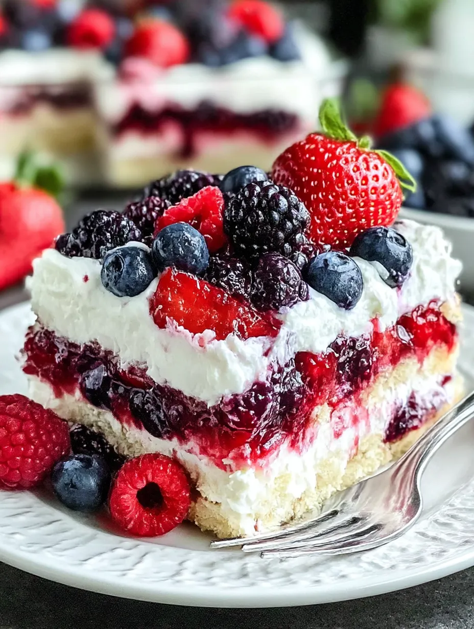 A slice of No Bake Summer Berry Lasagna.
