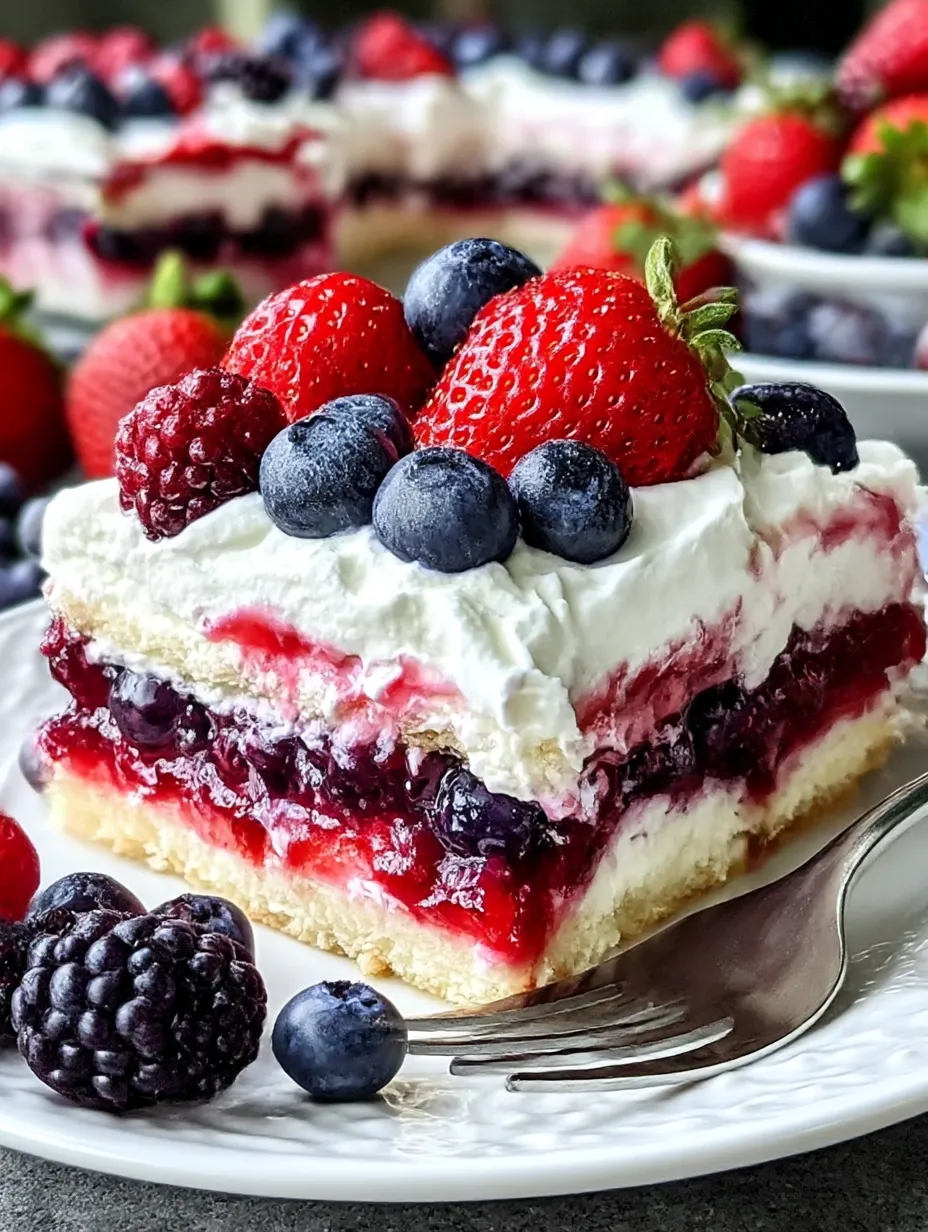A slice of No Bake Summer Berry Lasagna.