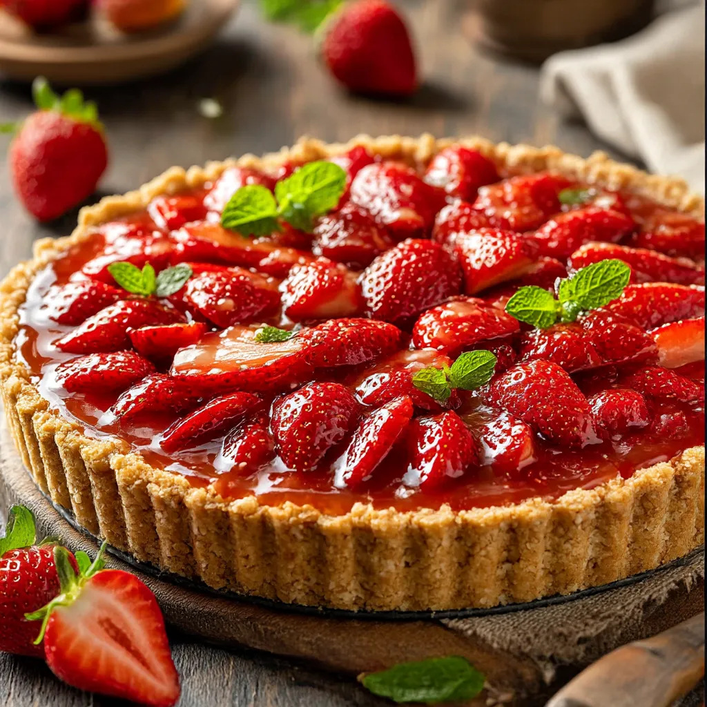 A fresh strawberry pie with a slice missing.