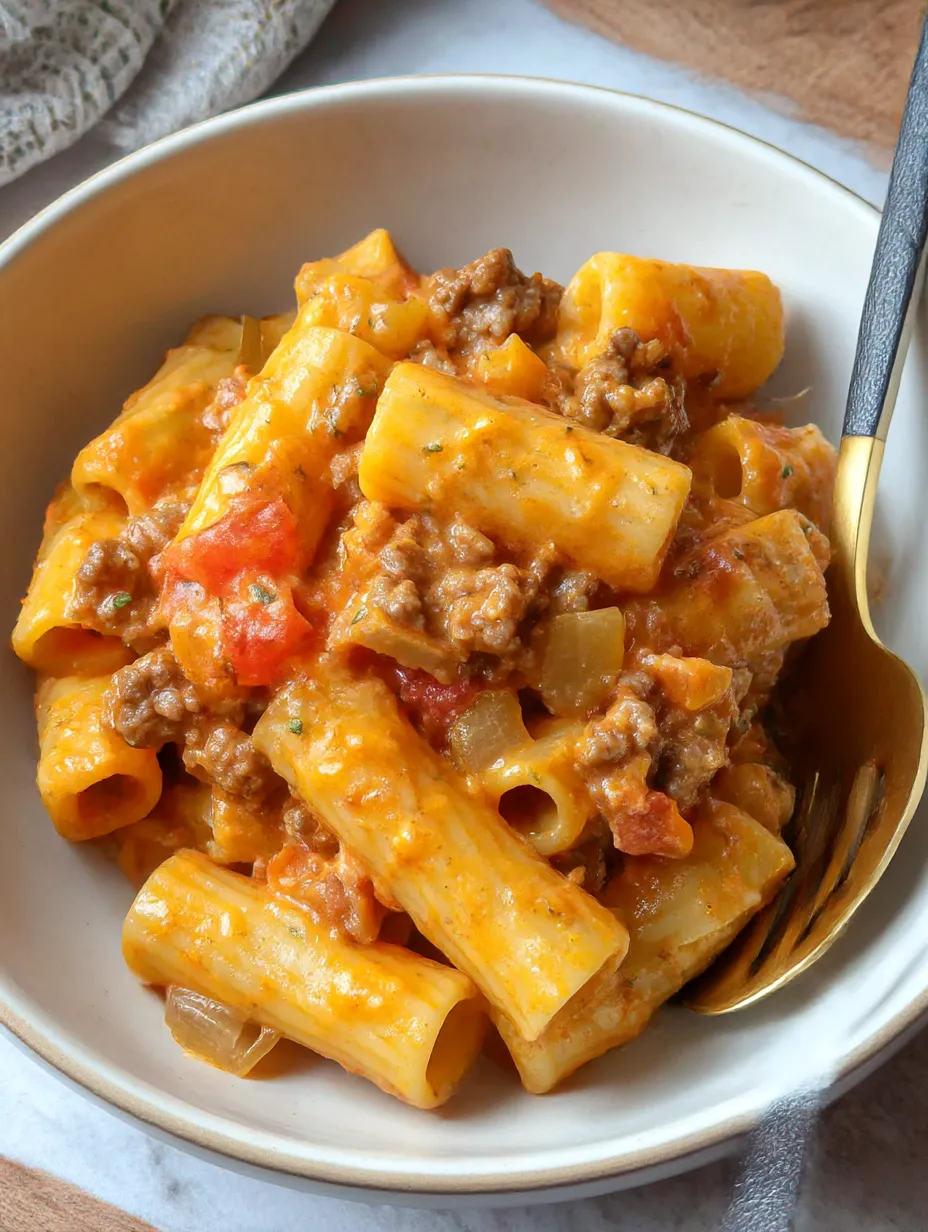 A bowl of pasta with meat sauce.