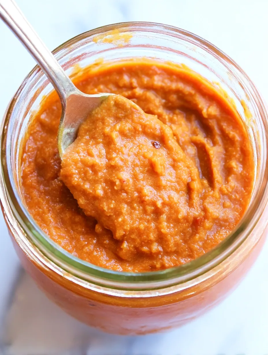 A spoon is in a jar of roasted tomato sauce.