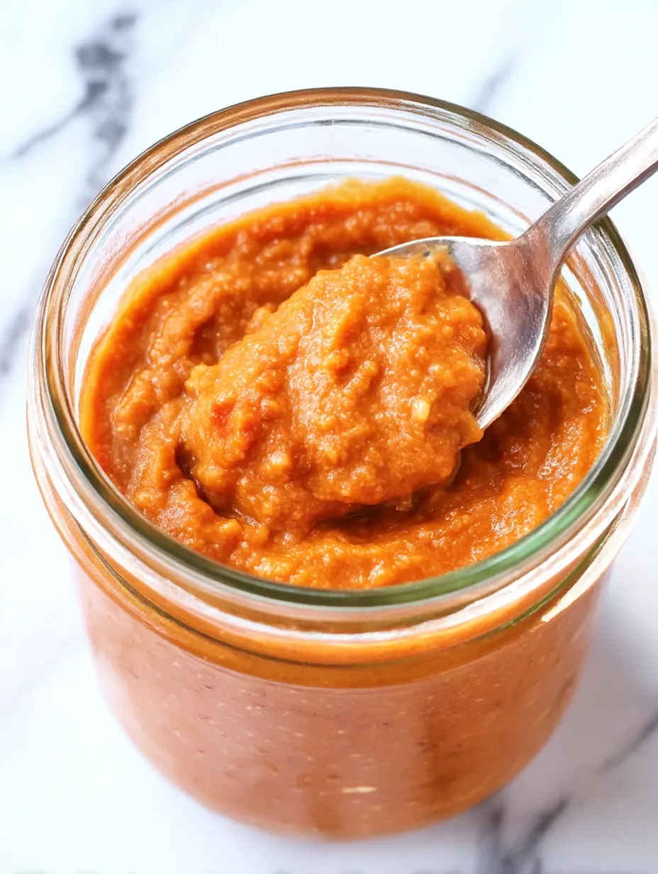 A spoon in a jar of roasted tomato sauce.