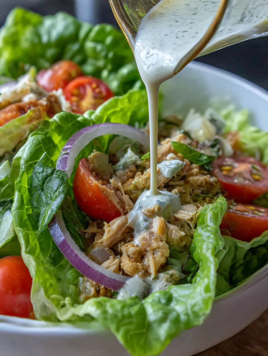 A bowl of vegan chicken salad with a spoon in it.