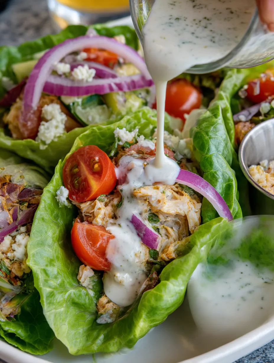 A salad with lettuce and tomatoes is being drizzled with ranch dressing.