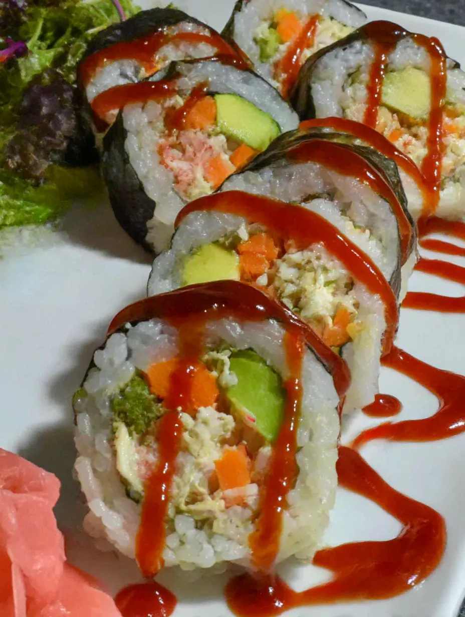A California roll sushi with carrots and avocado.