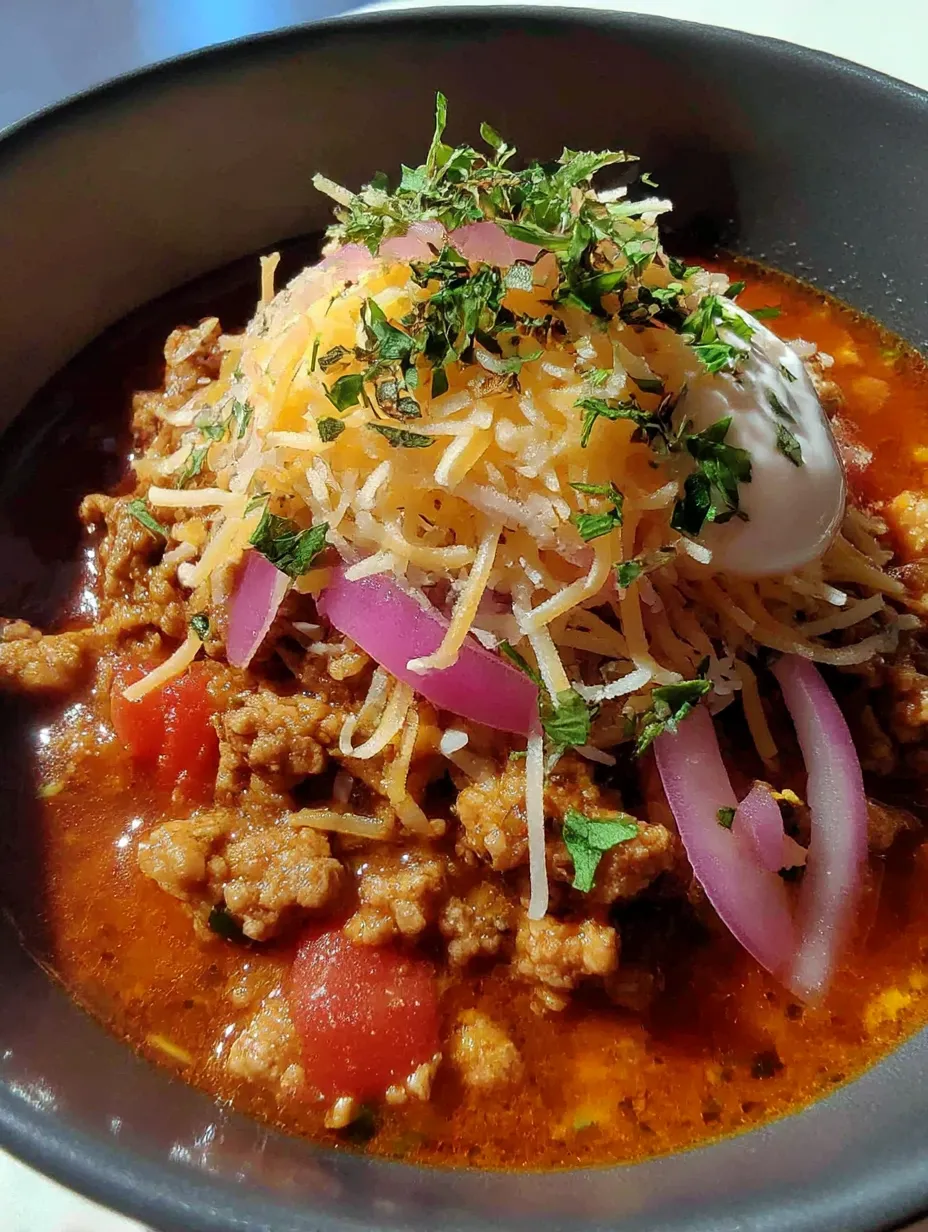 A bowl of chili with cheese and onions on top.