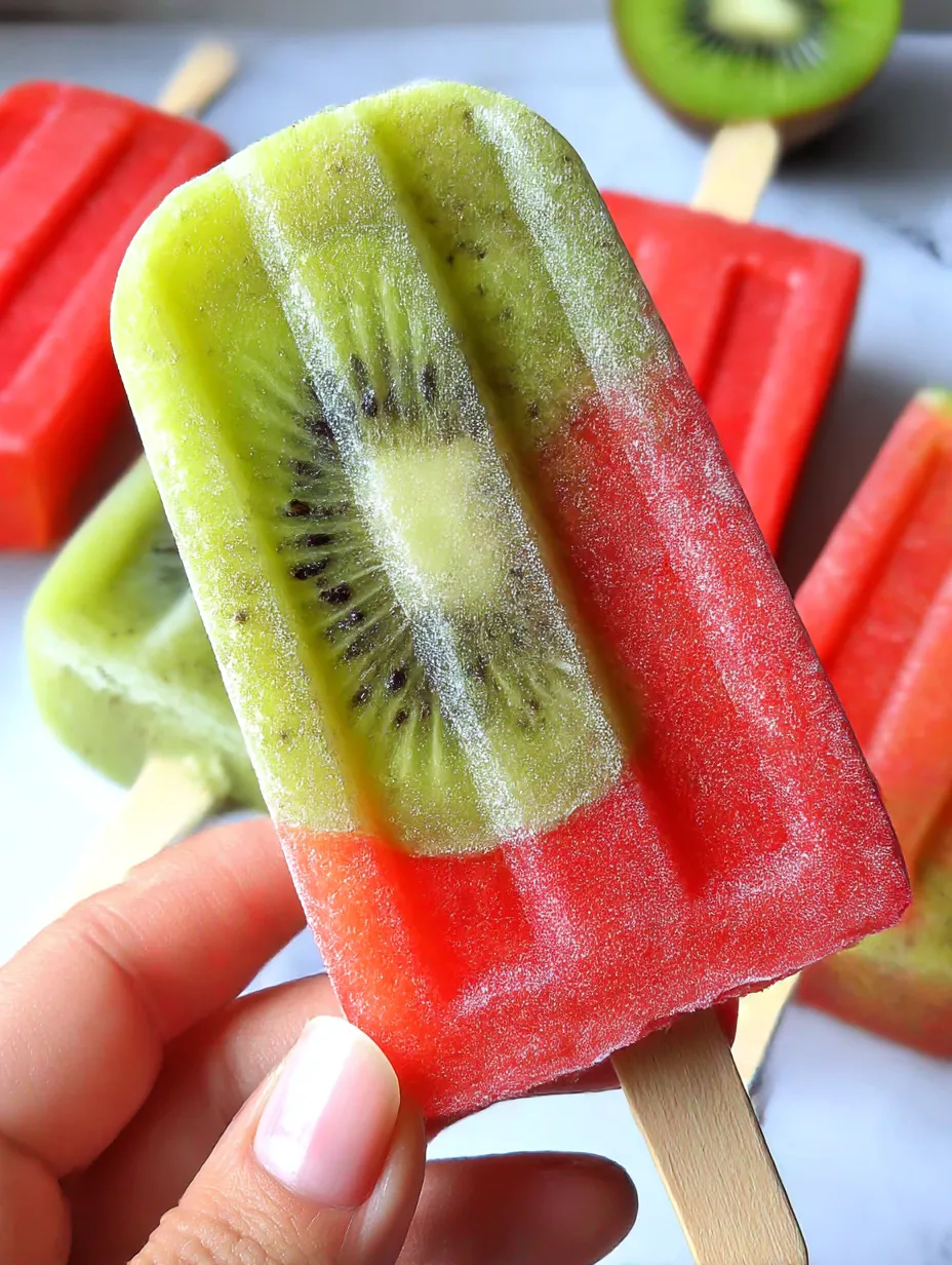 A person holding a popsicle with kiwi and watermelon.