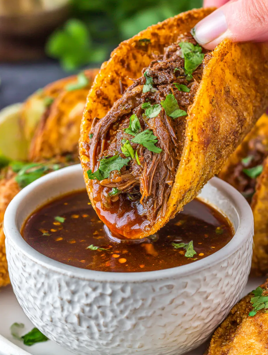 A person is holding a taco with meat in it.
