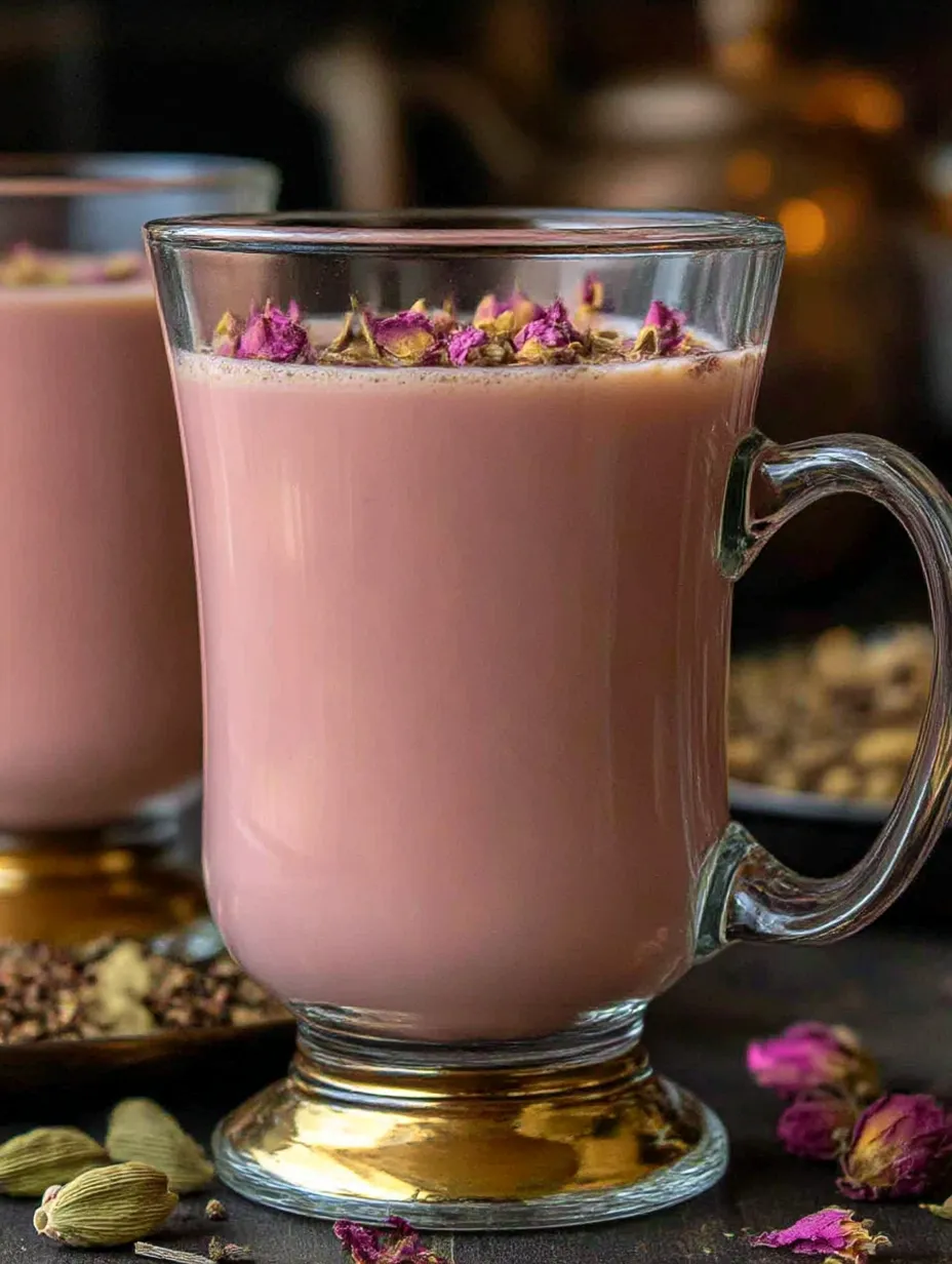 A glass of pink tea with a sprinkle of rose petals.
