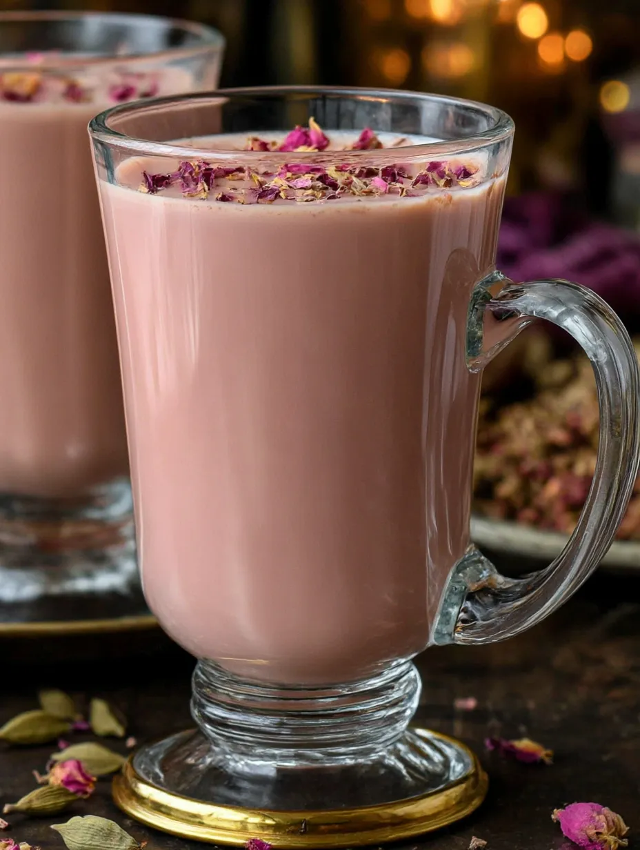 A glass of pink tea with rose petals on top.