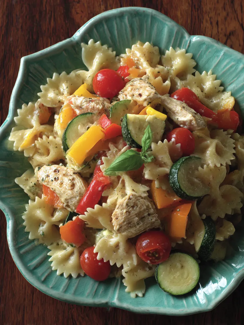 A plate of pasta with chicken and vegetables.