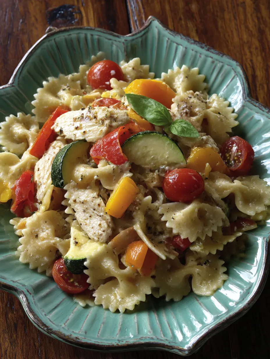 A plate of pasta with chicken and vegetables.