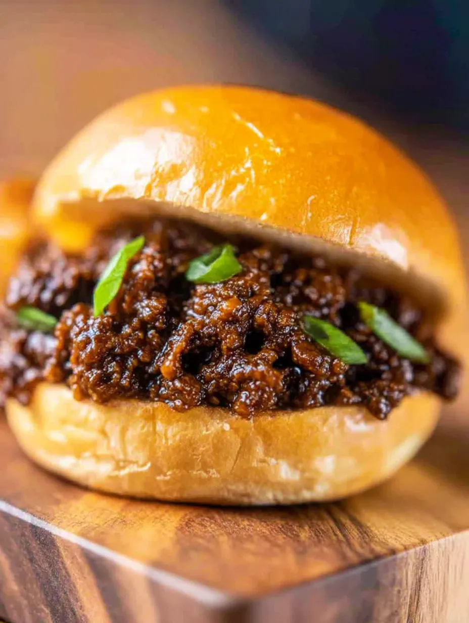 A close up of a sloppy joe sandwich with green onions.